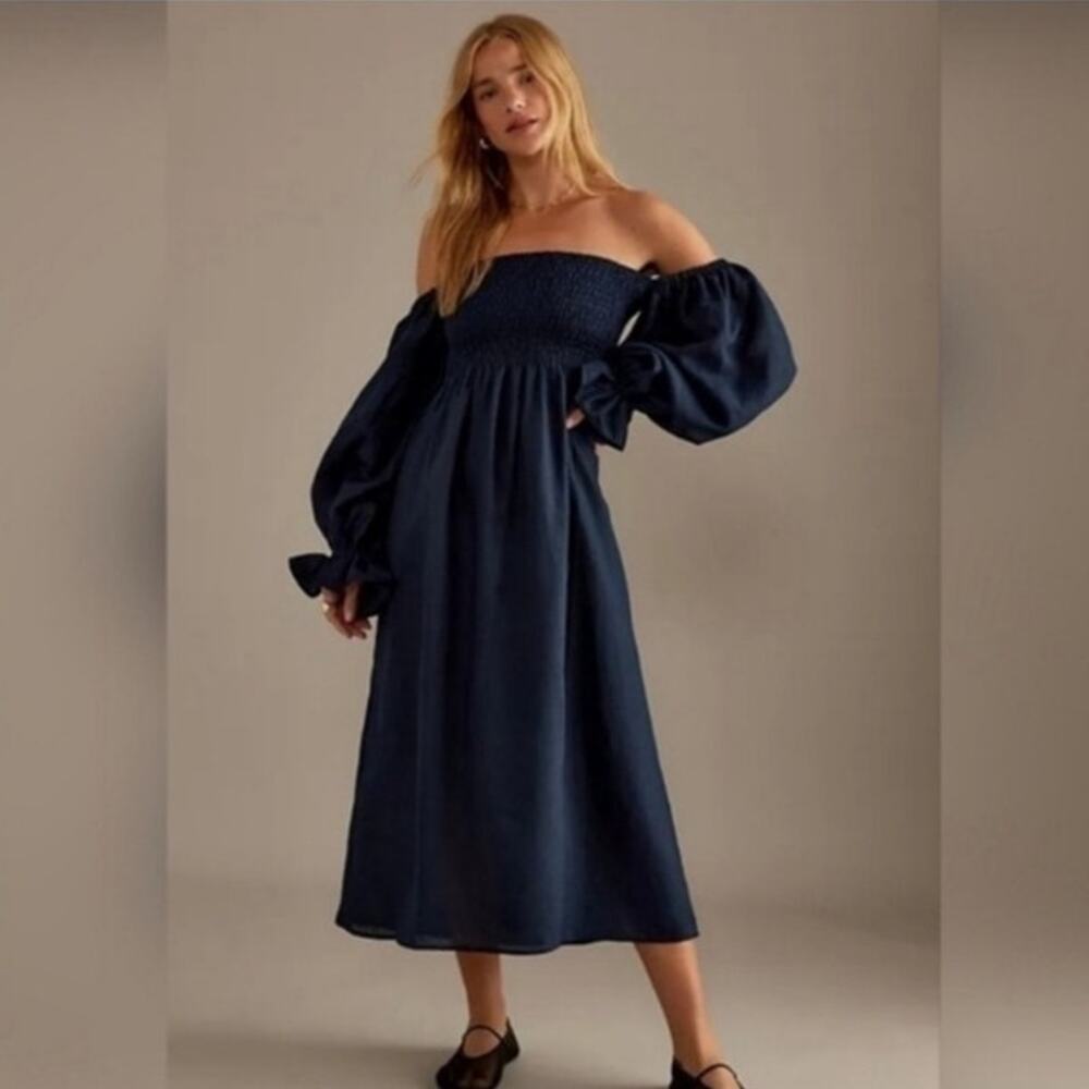 SLEEPER Atlanta Smocked Long Sleeve Linen
Midi Dress XS